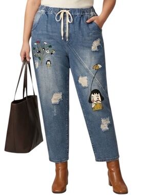 MISSLOOK Embroidered Girl Umbrella Distressed Denim Jogger Jean 4XL Fits Like 2X